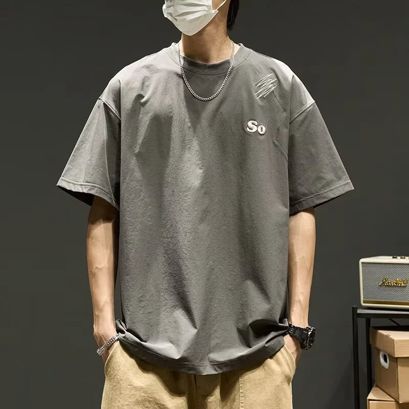 Summer Men's Quick-Dry Ice Silk Short Sleeve T-Shirt Comfort Color Letter Embroidery Tops Oversized Graphic Casual Fasion Tshirt