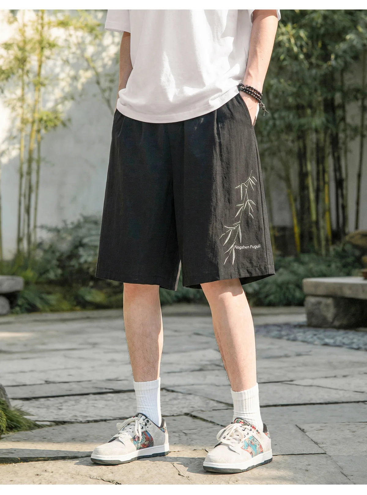Men's Chinese-style Linen-Textured Casual Shorts Lightweight Breathable Summer Shorts Printed Design Double Pleats Knee-Length
